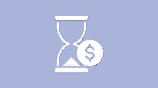 Reloj de arena blanco con icono de dólar aislado sobre fondo púrpura. Tiempo de dinero. Vidrio de arena y dinero. Crecimiento, ingresos, ahorros, inversión. Animación gráfica de vídeo 4K — Vídeos de Stock
