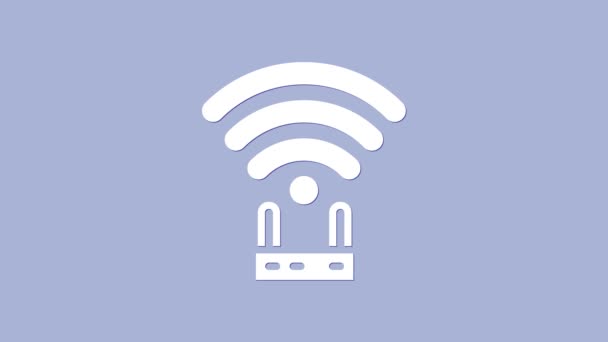 Witte Router en wi-fi signaal pictogram geïsoleerd op paarse achtergrond. Draadloze ethernet modem router. Computertechnologie internet. 4K Video motion grafische animatie — Stockvideo