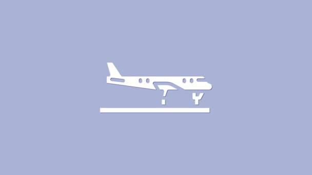 Beyaz düzlem simgesi mor arkaplanda izole edildi. Uçan uçak ikonu. Uçak tabelası. 4K Video hareketli grafik canlandırması — Stok video