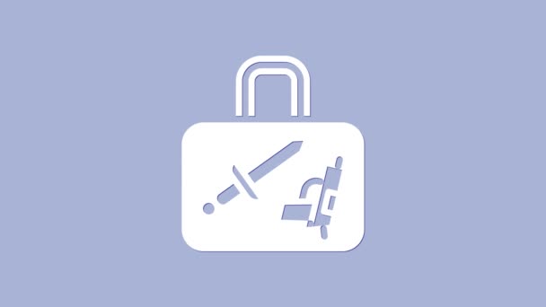 Valise blanche pour icône de voyage isolée sur fond violet. Panneau des bagages de voyage. Icône bagages de voyage. Animation graphique de mouvement vidéo 4K — Video