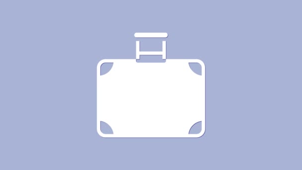 Bílý kufr pro cestovní ikonu izolované na fialovém pozadí. Cestovní nápis zavazadel. Ikona cestovních zavazadel. Grafická animace pohybu videa 4K — Stock video