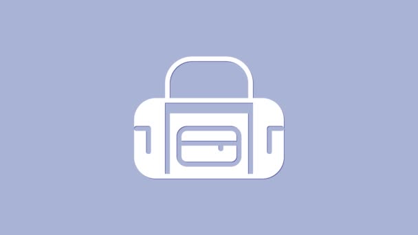 Bílá sportovní taška ikona izolované na fialovém pozadí. Grafická animace pohybu videa 4K — Stock video