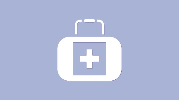 White First aid kit icon isolated on purple background. Medical box with cross. Medical equipment for emergency. Healthcare concept. 4K Video motion graphic animation — Stock Video