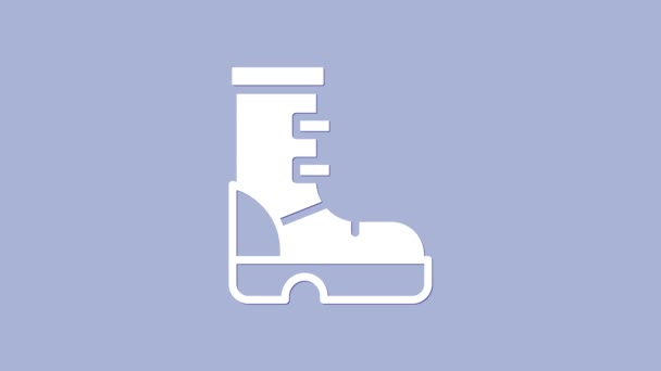 Icono de bota de goma impermeable blanca aislada sobre fondo púrpura. Botas de goma para el clima lluvioso, la pesca, la jardinería. Animación gráfica de vídeo 4K — Vídeos de Stock