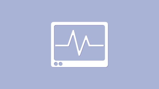 Monitor per computer bianco con icona cardiogramma isolata su sfondo viola. Icona di monitoraggio. Monitoraggio ECG con battito cardiaco disegnato a mano. Animazione grafica 4K Video motion — Video Stock
