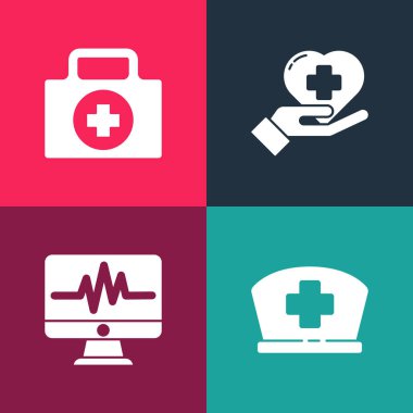 Pop sanatları hemşiresi şapkasını çapraz, monitör kardiyogramı, kalp ve ilk yardım çantası ikonu ile ayarla. Vektör.