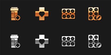 İlaç şişesi, haçlı kalp, su toplayan haplar ve ikon. Vektör.