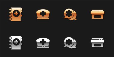 Tıbbi pano, haçlı hemşire şapkası, doktor ve merhem kremi ikonu hazırla. Vektör.