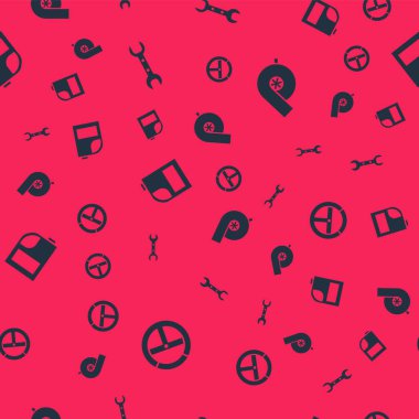 Direksiyonu, İngiliz anahtarını, motor yağı için teneke kutuyu ve otomotiv turbo şarjını kusursuz desene ayarlayın. Vektör.