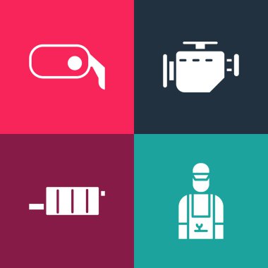 Pop sanat araba tamircisini, susturucuyu, motoru ve dikiz aynası ikonunu kontrol et. Vektör.