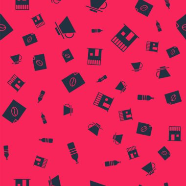 Bir şişe su, V60 kahve makinesi, kahve afişi ve kusursuz desenli bir dükkan. Vektör.