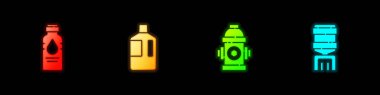 Bir şişe su, temiz bir şişe, yangın musluğu ve su soğutucu ikonu. Vektör.