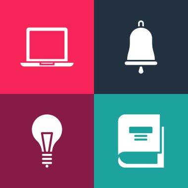 Pop sanat kitabını, fikir sahibi ampulü, zil ve dizüstü bilgisayar ikonunu ayarla. Vektör.