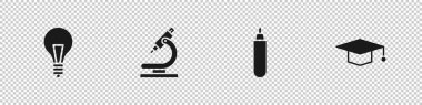 Fikir kavramına sahip ampul, mikroskop, fosforlu kalem ve mezuniyet başlığı simgesi. Vektör.