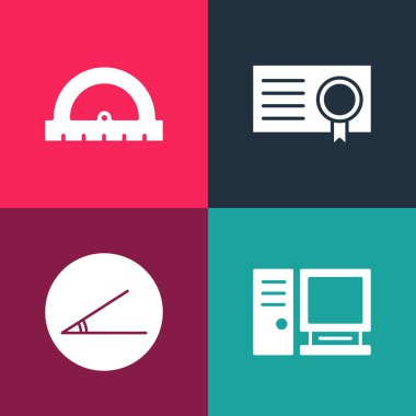 Pop sanat monitörü, akut açı, sertifika şablonu ve iletken simgesini ayarla. Vektör.