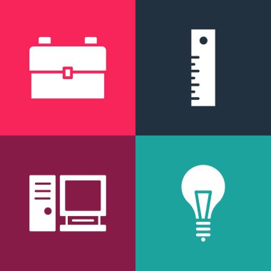 Pop sanat ampulünü fikir, bilgisayar monitörü, cetvel ve okul sırt çantası ikonu konseptiyle ayarla. Vektör.