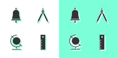 Cetvel, zil, dünya küresi ve çizim pusula simgesi ayarla. Vektör.