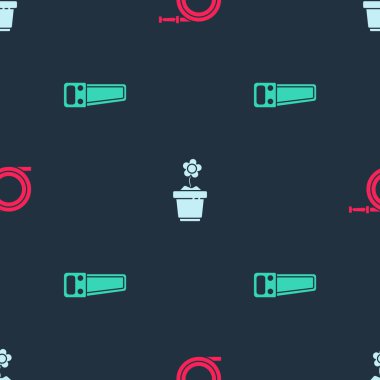 Bahçe hortumunu ya da yangın hortumunu ayarla, saksıdaki çiçek ve el testeresi kusursuz desenli. Vektör.