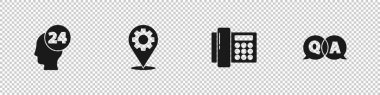 Temasta bulunan destek operatörünü, teçhizatlı konumu, telefon ve soru ve cevap simgesini ayarlayın. Vektör.