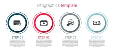 Kredi kartı çekimini, kağıt para yığınını, indirimli yüzde etiketi ve parayı ayarla. Ticari bilgi şablonu. Vektör.