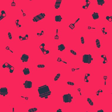 Pişirme kabını, dikiş ipliğini makaraya, av köpeğini ve Spatula 'yı pürüzsüz desene ayarlayın. Vektör.