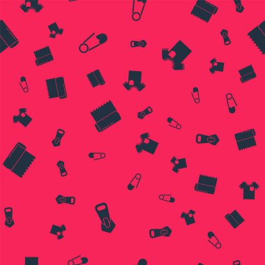 Fermuarı, emniyet iğnesini, kumaş rulosunu ve tişörtü kusursuz desenlere ayarlayın. Vektör.