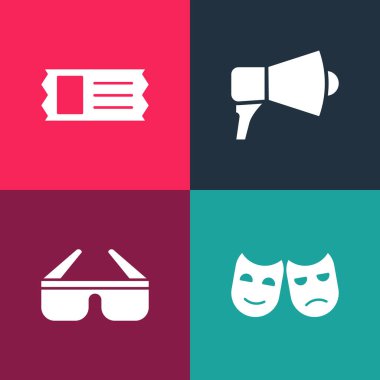 Pop sanat komedileri, trajedi maskeleri, 3 boyutlu sinema gözlükleri, megafon ve sinema bileti ikonu. Vektör.