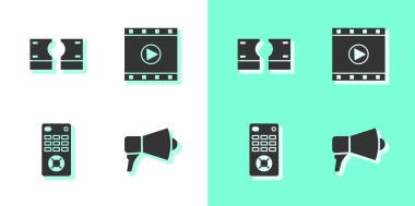 Megaphone, Stacks kağıt para, uzaktan kumanda ve Video simgesi oynat. Vektör.
