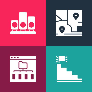 Pop Art Stair 'i bitiş bayrağı, Tarayıcı dosyaları, katlanmış harita konumu ve Sıralama Yıldızı simgesi ile ayarla. Vektör.