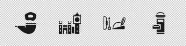 Sigara piposu, Big Ben kulesi, Robin Hood şapkası ve Londra posta kutusu ikonu. Vektör.