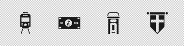 Tramvay ve demiryolu, sterlin, Londra telefon kulübesi ve İngiltere bayrak simgesi. Vektör.