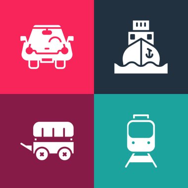 Pop sanat trenini ve demiryolunu ayarlayın, Vahşi Batı vagonu, kargo gemisi ve ikonu. Vektör.