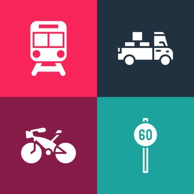 Pop sanatının hız limitini, bisikleti, teslimat kamyonunu, tren ve tren ikonunu ayarla. Vektör.