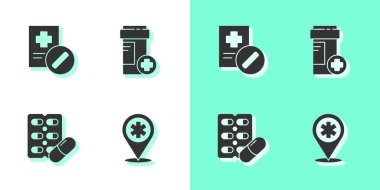 Harita işaretleyiciyi çapraz hastane, reçeteli ilaç paketi ve ilaç şişesi ikonu ile ayarla. Vektör.