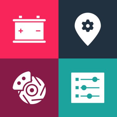 Pop sanat araba ayarlarını, fren diskini kalibre, konum araba servisi ve pil simgesini ayarla. Vektör.