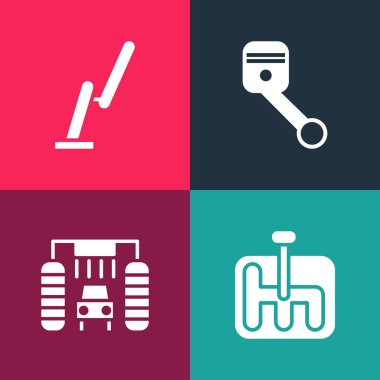 Pop sanat vites kolu, oto yıkama, motor pistonu ve silecek simgesini ayarla. Vektör.