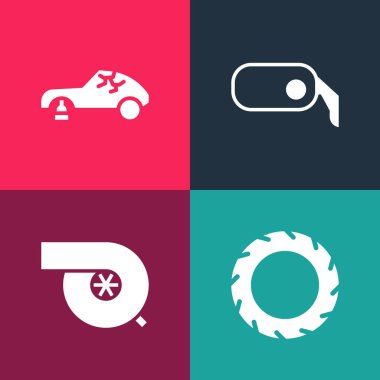 Pop Art Araba Tekerleği, Otomotiv Turbo Şarj Cihazı, Dikiz aynası ve Kırık Araba Simgesi. Vektör.