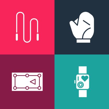 Kalp atışlarını, bilardo masasını, beyzbol eldivenini ve ip atlama ikonunu gösteren akıllı saati ayarla. Vektör.