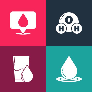 Pop Art Water Drop, Glass with water, H2O 'nun kimyasal formülü ve konum simgesi. Vektör.