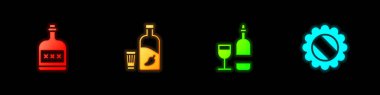 Alkol şişesi, biberli votka, şarap ve şişe kapağı ikonu. Vektör.