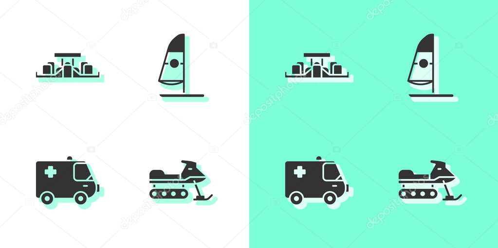 Set Snowmobile, Formula 1 racing car, Ambulance and emergency and Windsurfing icon. Vector.