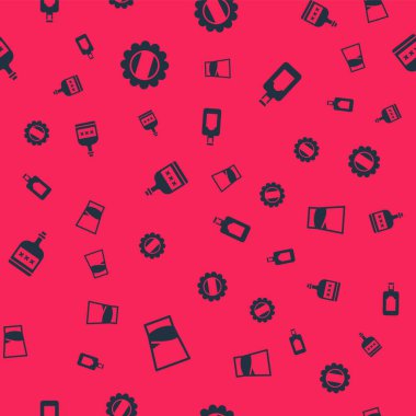 Bir bardak votka, şişe kapağı, alkollü içki şişesi ve viski, kusursuz desenli. Vektör.