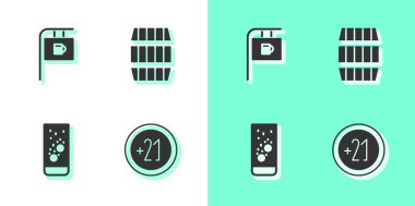 Alkol 21 artı, Bar 'lı sokak tabelası, suda Effervescent tabletleri ve tahta fıçı ikonu. Vektör.