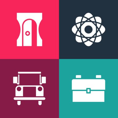 Pop Sanat Okulu sırt çantası, Otobüs, Atom ve Kalem açacağı simgesini ayarla. Vektör.