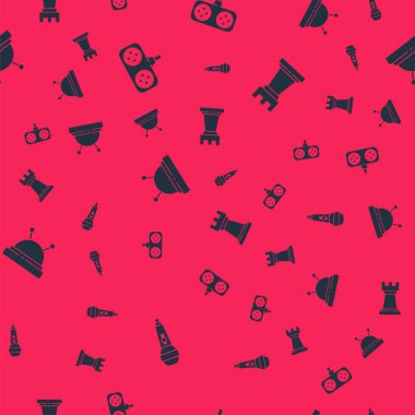 Mikrofonu, av alanını, iğneyi, iğneyi ve iş stratejisini kusursuz düzene sokun. Vektör.