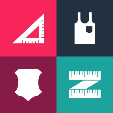 Popüler mezura, deri, kolsuz tişört ve üçgen cetvel simgesini ayarla. Vektör.