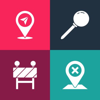 Pop sanat mekanını, yol bariyerini, pin ve simgeyi ayarla. Vektör.