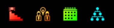 Merdiveni bitiş bayrağı ile ayarla, İnsanlar ampul, Takvim ve Hiyerarşi organogram grafik simgesi. Vektör.