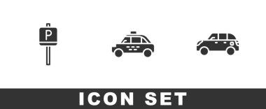 Park yeri, taksi ve Hatchback ikonu ayarlayın. Vektör.