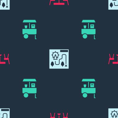 Sandalyeli piknik masası, lunapark haritası ve Fast Street yemek arabasını kusursuz şekilde hazırlayın. Vektör.